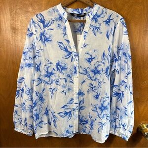 Zara White Blue Floral Gauzy Cotton Blouse Top Puff Sleeve Boho Resort Artsy NWT